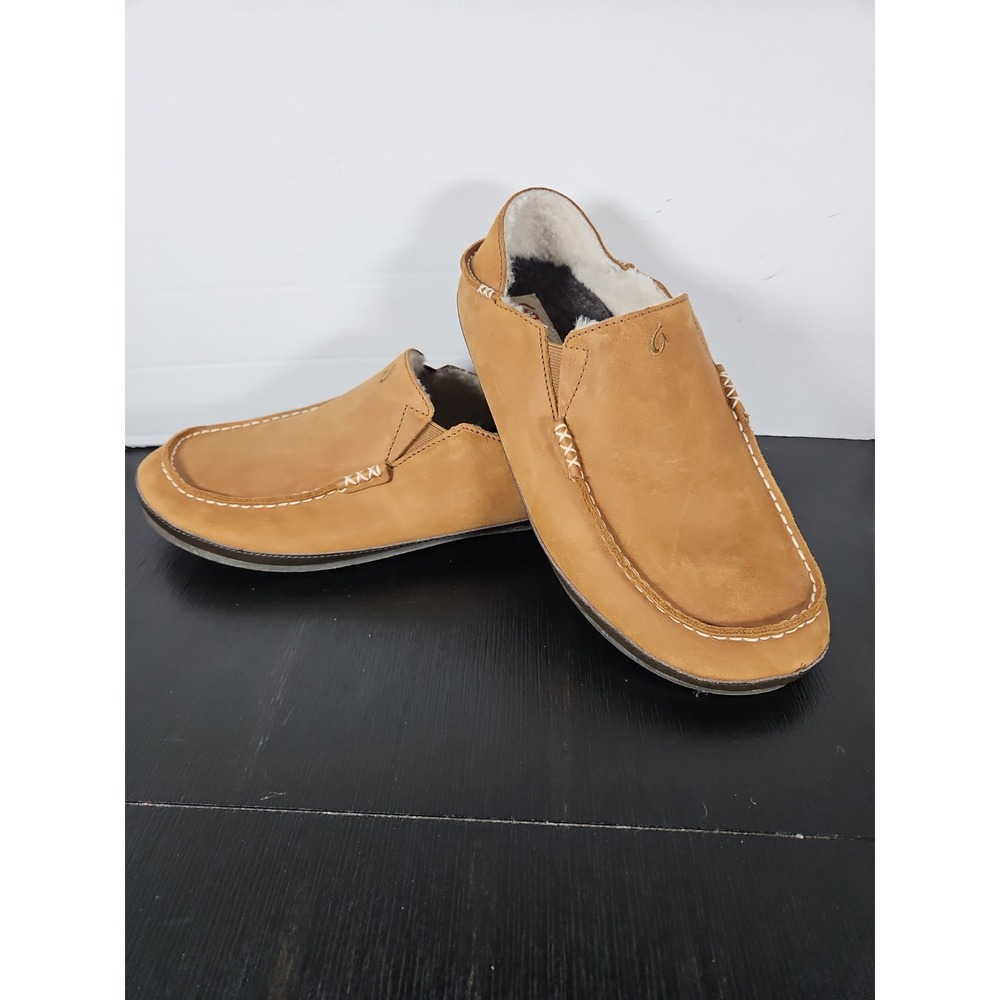 Olukai Men's Size 11 Toffee Moloa Leather Slipper Real Sheep Fur Lining Perfect